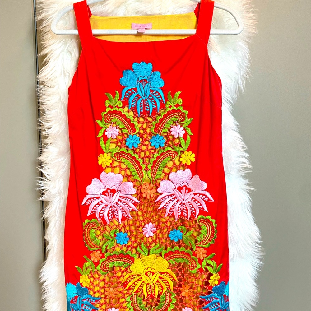 Lilly Pulitzer Red Dress with Colorful Embroidery